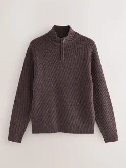 Marron - Pull texturé Coupe classique à col zippé