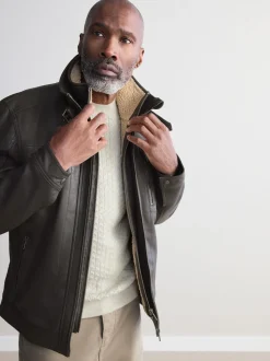 Marron - Veste en cuir Signatures à quatre poches doublée Borg