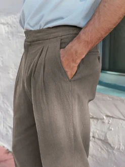 Marron champignon - Pantalon élégant aspect lin avec cordon de serrage interne