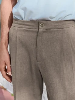 Marron champignon - Pantalon élégant aspect lin avec cordon de serrage interne