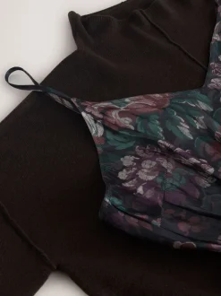 Marron chocolat à fleurs - Pull 2-en-1 en maille avec jupe mi-longue plissée