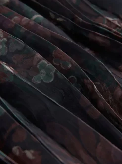 Marron chocolat à fleurs - Pull 2-en-1 en maille avec jupe mi-longue plissée