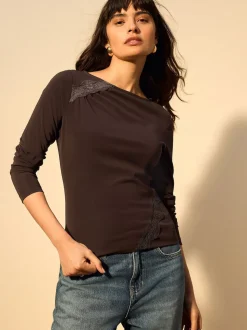 Marron chocolat - Haut Manche longue détail Dentelle