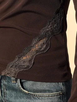 Marron chocolat - Haut Manche longue détail Dentelle