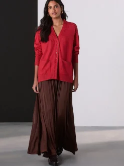 Marron chocolat - Jupe maxi plissée en satin