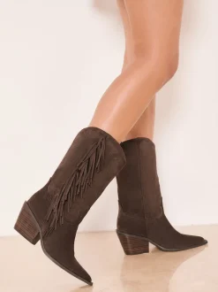 Marron chocolat - Lipsy Bottes de veau à enfiler en Faux suède à glands style western