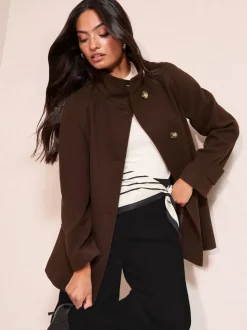 Marron chocolat - Manteau mi-long Friends Like These col cheminée boutonné sur le devant