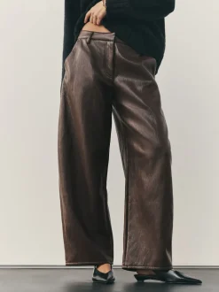 Marron chocolat - Pantalon Regular en similicuir à jambe large
