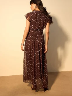 Marron chocolat à pois - Robe longue Grande occasion à col en V Imprimé en maille Plissé
