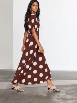 Marron chocolat à pois - Robe mi-longue imprimée à manches bouffantes