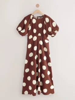 Marron chocolat à pois - Robe mi-longue imprimée à manches bouffantes