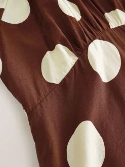 Marron chocolat à pois - Robe mi-longue imprimée à manches bouffantes