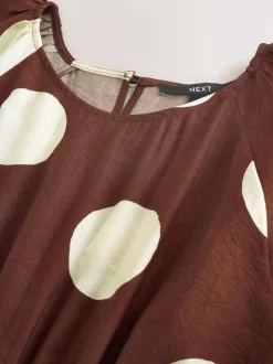 Marron chocolat à pois - Robe mi-longue imprimée à manches bouffantes