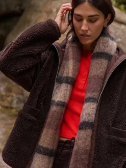 Marron chocolat - Polaire zippée en peau de mouton avec col côtelé