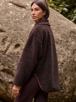 Marron chocolat - Polaire zippée en peau de mouton avec col côtelé