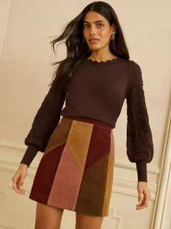 Marron chocolat - Pull Love & Roses Bobble Stitch en maille festonnée