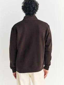 Marron chocolat - Sweat à col cheminée zippé en jersey riche en coton
