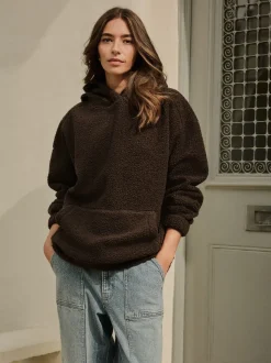 Marron chocolat - Sweat-shirt à capuche doux Borg à manches longues