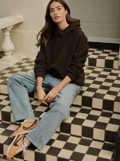 Marron chocolat - Sweat-shirt à capuche doux Borg à manches longues