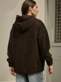 Marron chocolat - Sweat-shirt à capuche doux Borg à manches longues