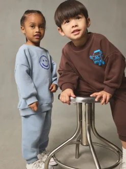 Marron et Bleu chocolat - Ensemble sweat et Joggings imprimé à Col rond (3mois-7ans)