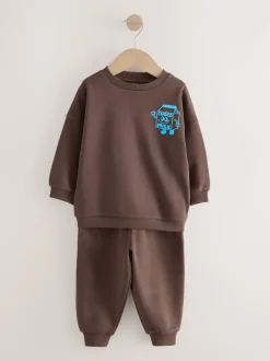 Marron et Bleu chocolat - Ensemble sweat et Joggings imprimé à Col rond (3mois-7ans)