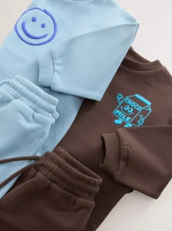 Marron et Bleu chocolat - Ensemble sweat et Joggings imprimé à Col rond (3mois-7ans)