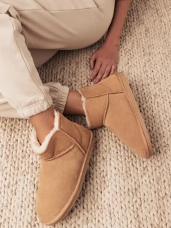 Marron fauve - Chaussons chaussons en daim doublés de fausse fourrure