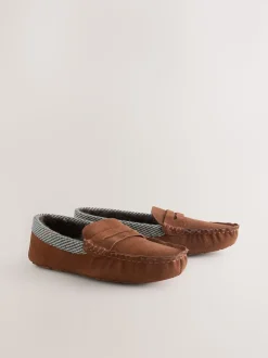 Marron fauve - Chaussons mocassins Signature en daim avec bordure en tissu