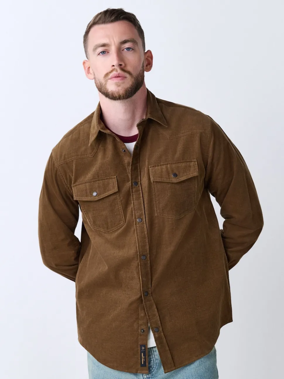 Marron fauve - Chemise en velours côtelé à manches longues style western