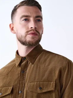 Marron fauve - Chemise en velours côtelé à manches longues style western