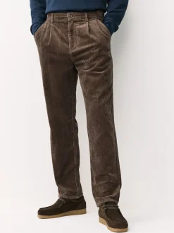 Marron fauve - Coupe fuselée régulière - Pantalon plissé simple en velours côtelé