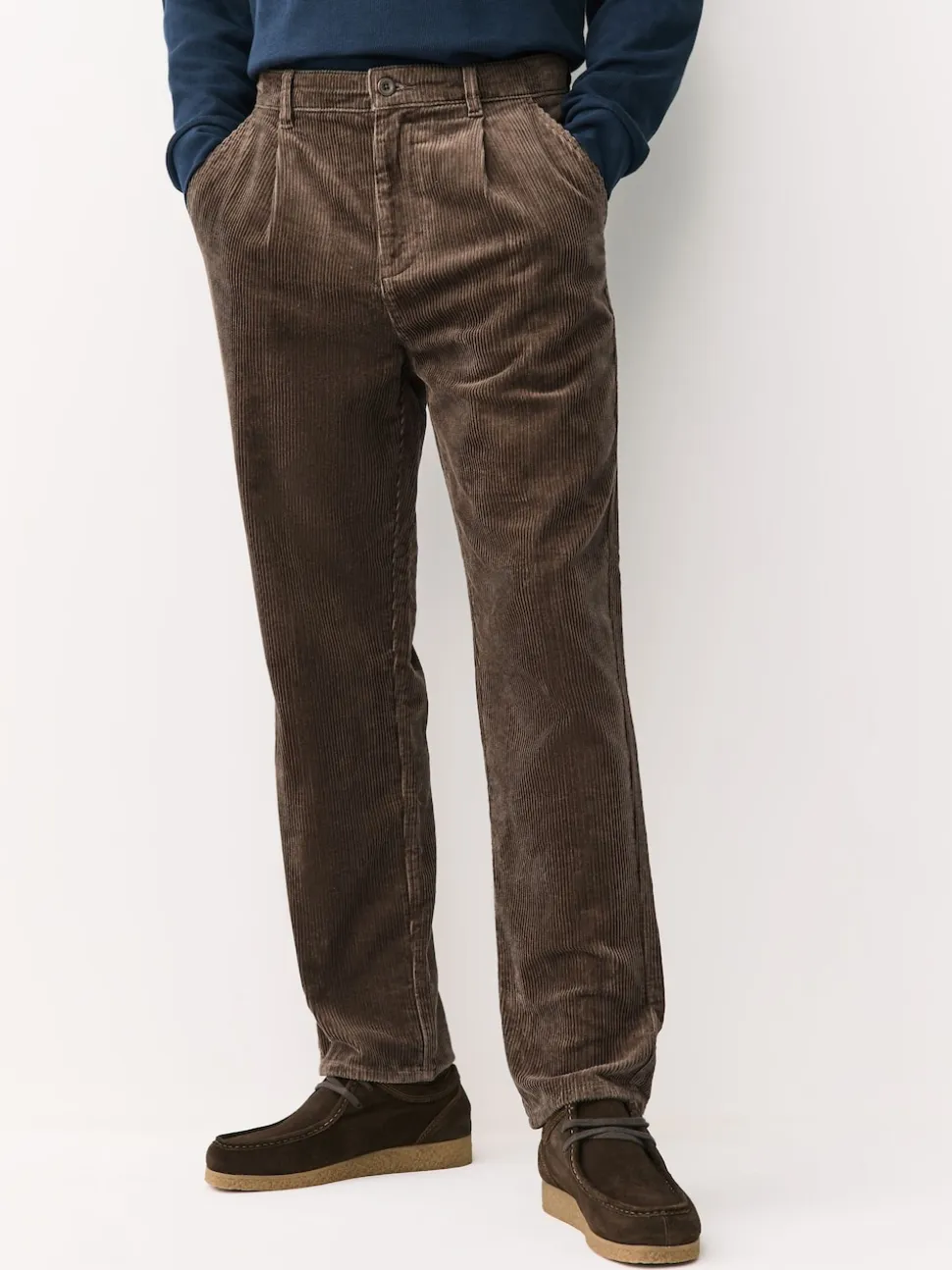 Marron fauve - Coupe fuselée régulière - Pantalon plissé simple en velours côtelé