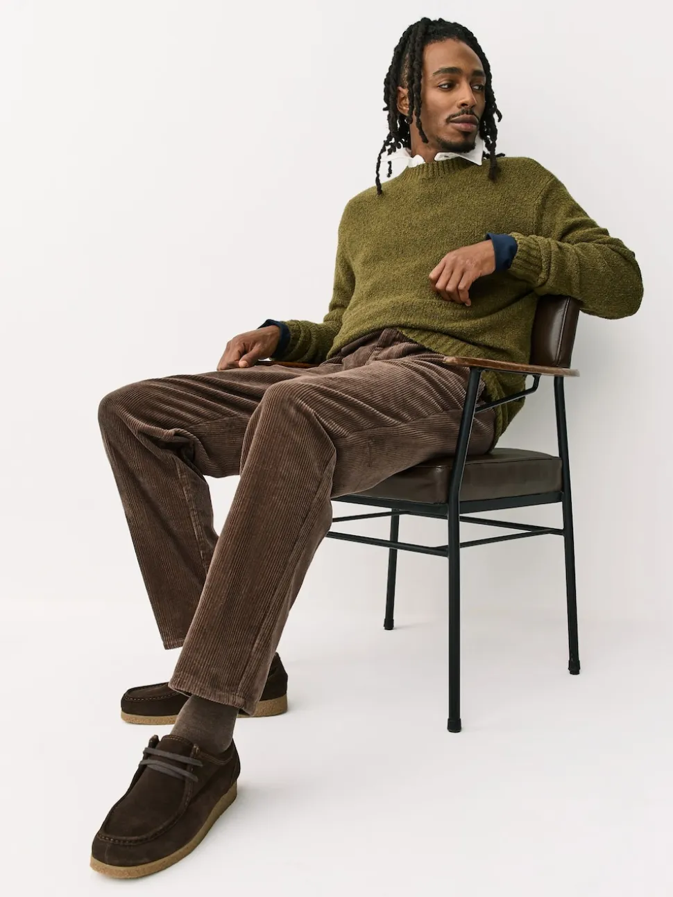 Marron fauve - Coupe fuselée régulière - Pantalon plissé simple en velours côtelé