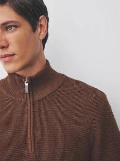 Marron fauve - Uni - Pull N.Premium Coupe classique en Coton riche à Texture haut de gamme à col zippé