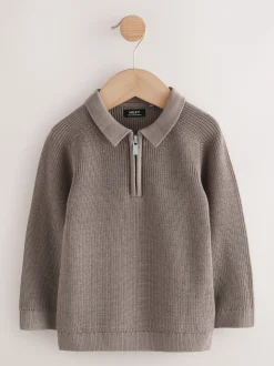 Marron mink - Manches longues Quarter Zip Knitted Polos (3mths-7yrs)