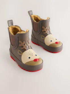 Marron motif renne - Bottines en caoutchouc avec doublure chaude