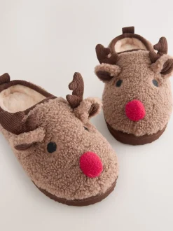 Marron motif renne - Mules chaussons confortables de Noël