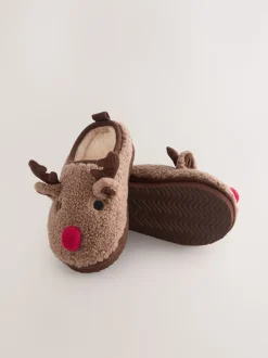 Marron motif renne - Mules chaussons confortables de Noël