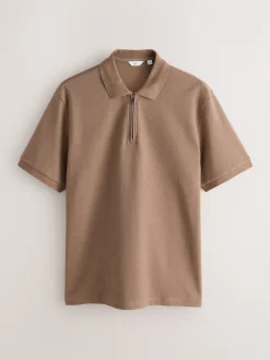 Marron neutre - Polo texturé élégant à col zippé