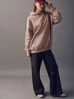 Marron neutre - Sweat-shirt à capuche long actif à coutures apparentes ultra-doux avec poches