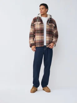 Marron rouille - Veste-chemise à carreaux à capuche doublée de peau de mouton