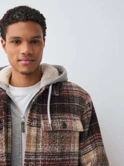 Marron rouille - Veste-chemise à carreaux à capuche doublée de peau de mouton