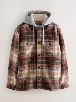 Marron rouille - Veste-chemise à carreaux à capuche doublée de peau de mouton