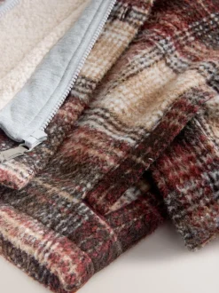 Marron rouille - Veste-chemise à carreaux à capuche doublée de peau de mouton