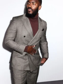 Marron taupe - Veste de costume à chevrons Marzotto 100% laine italienne à double boutonnage