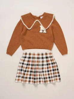 Miss Pull marron en maille véritable avec col tissé et Ensemble jupe à carreaux