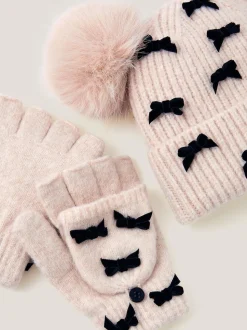 Monsoon ensemble bonnet et gants à pompon avec nœud