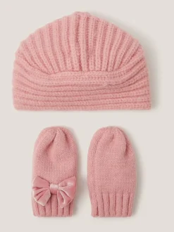 Monsoon Ensemble Bonnet et Mitaines en maille Bébé à nœud