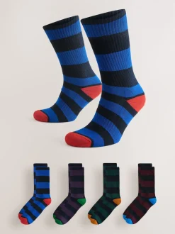 Motif à rayures riche bleu/vert/rouge - Lot de 4 chaussettes de sport